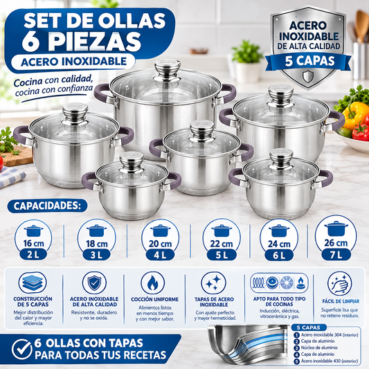 SET OLLA 6 PIEZAS ACERO ALTA CALIDAD